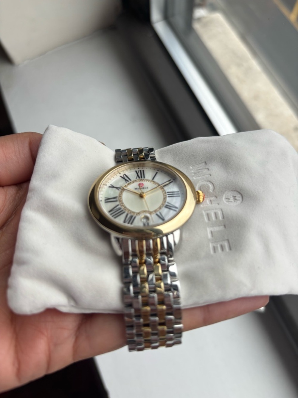 Michele Two-Tone Silver and Gold Bracelet Watch with Mother-of-Pearl Dial - Picture 2 of 9